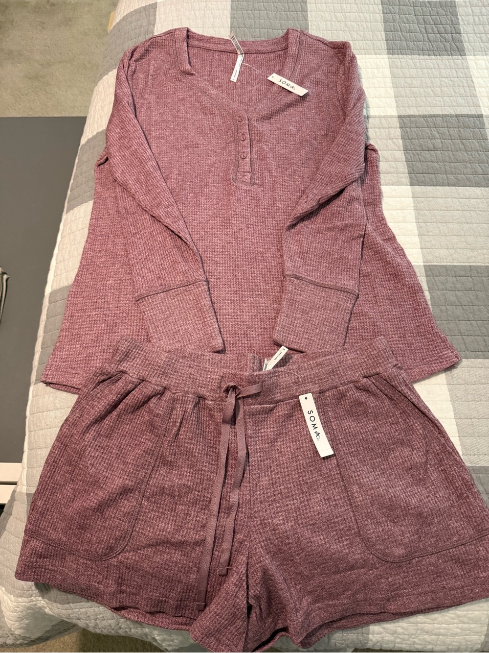 Soma Mauve Waffle Knit Henley Top & Drawstring Shorts Set
